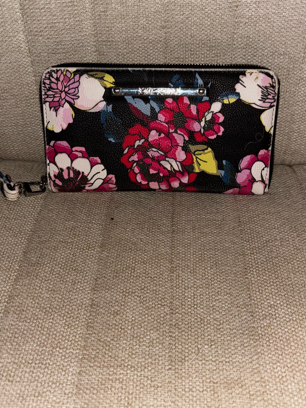 Betsey Johnson Black Floral Zip Wallet with Pink & Red Blooms